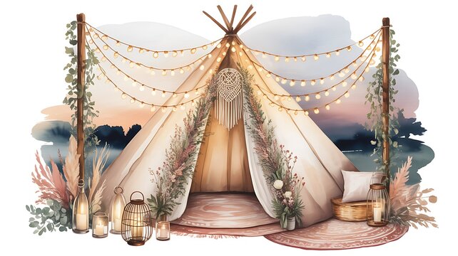 Watercolor wedding tipi tent with fairy lights and rustic decor. Perfect for boho invitations, party designs, camping themes, and nature celebration illustrations. 