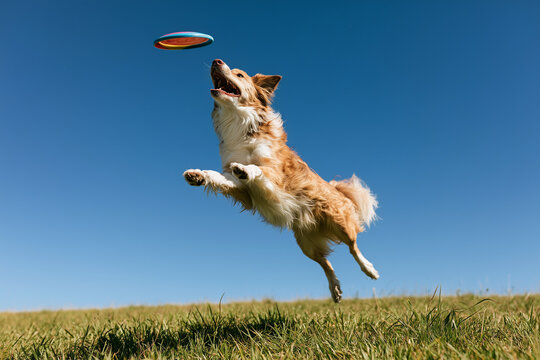 Dog catching flying disc outdoors in a grassy field under blue sky  