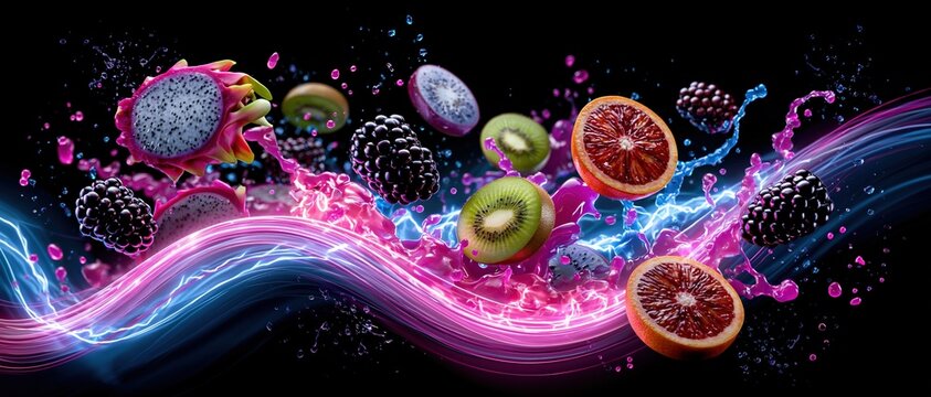 A dynamic ultra-wide photograph capturing a vibrant explosion of flying exotic fruits, including kiwi, blood orange halves, dragon fruit, and blackberries, bursting through a colorful, glowing neon
