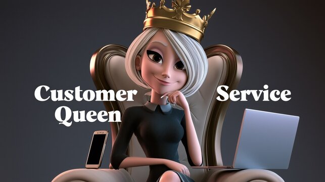 Confident female business heroine sitting on a luxurious royal throne with a golden crown, smartphone and laptop, blending sophisticated office style with playful corporate humor.