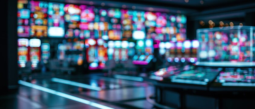 A dynamic wide-angle abstract blur photograph capturing the vibrant and beautifully colorful neon lights inside a modern electronic casino or sports betting lounge, creating a glowing bokeh effect