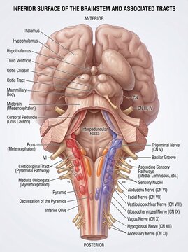 Scientific Diagram Explaining Inferior Surface Anatomy of the Human Brainstem Highlighting Cranial Nerves and Sensory Pathways for Medical Study