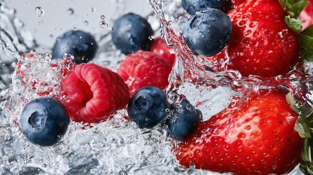 Fresh blueberries, raspberries and strawberries captured mid-air as they fall into icy clear water, surrounded by sparkling droplets and a realistic dynamic splash.
