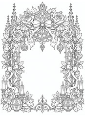 Obraz premium Detailed black and white coloring page featuring a Gothic Christmas floral arch with roses, holly, bells, ornaments, candles, and ribbon bows. Decorative festive frame rendered in intricate clean line