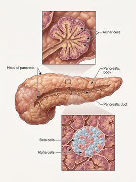 Pancreas anatomy diagram illustration. Detailed medical chart showing pancreatic body, duct, acinar cells, and islets of Langerhans with alpha and beta cells. Educational health poster.