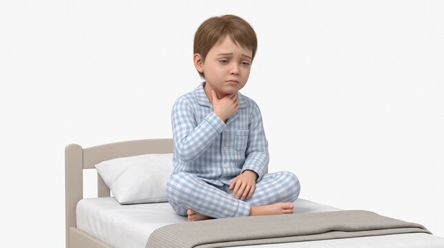 Sick little boy sitting on the bed with a sore throat in his bedroom, feeling unwell and touching his neck