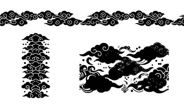 Asian seamless border pattern set with traditional cloud and wave silhouettes for oriental Chinese Japanese decorative design elements