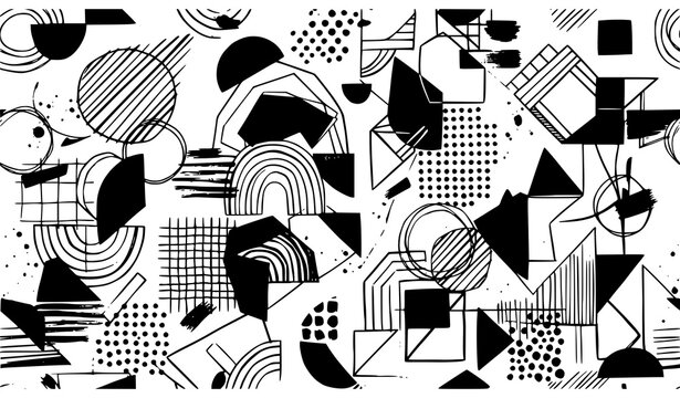 Abstract geometric memphis pattern vector set, black and white shapes, textured triangles circles and hand drawn elements seamless background