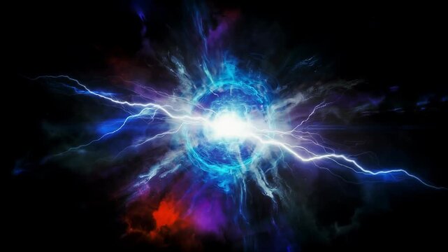 Electric Energy Explosion Radiating Vibrant Blue and Red Lightning Bolts Against Cosmic Dark Background