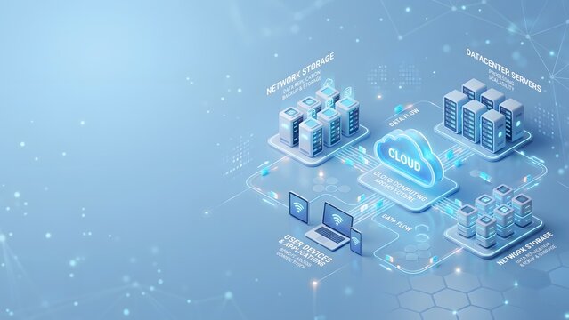 Cloud computing architecture diagram illustrating data flow between user devices, network storage, and datacenter servers with a central cloud icon.