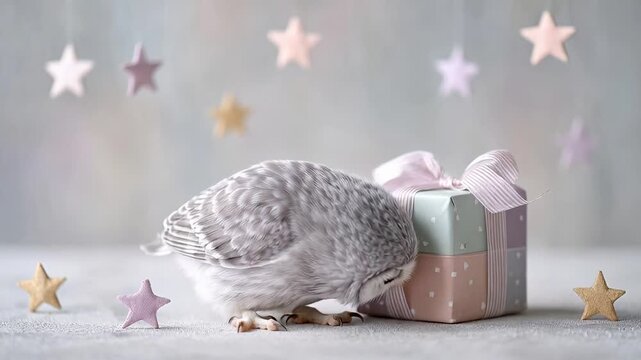 Festive owl beside decorated gift box with stars and soft bokeh background