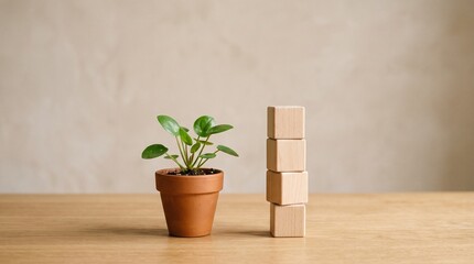 Fototapeta premium Small green plant in pot beside a stack of blank wooden blocks on a wooden table.