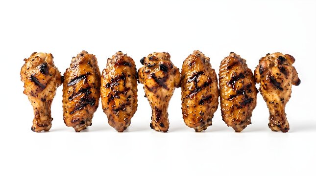 Row of Grilled BBQ Chicken Wings Standing Upright on White Background, Charred Glazed Wings