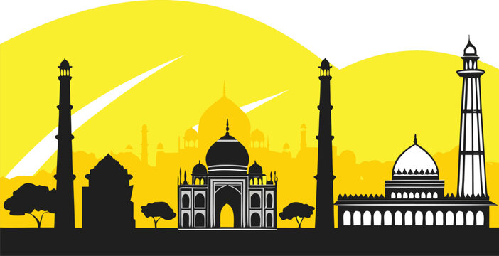 Minimalist New Delhi Panoramic Skyline Vector Silhouette