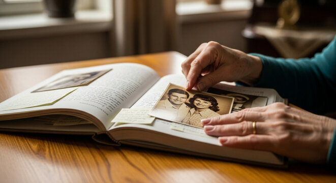 Close up of elderly hands holding an old photo of a young couple in a memory album