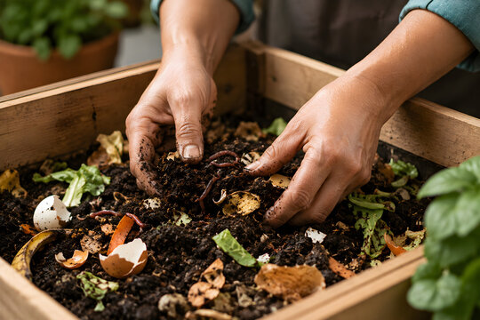 Organic composting with earthworms in wooden bin, gardener hands mixing food waste and soil, sustainable gardening