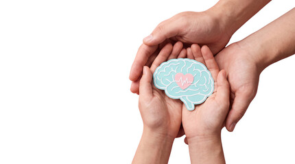 Mental health support hands holding brain heart sticker transparent PNG isolated cutout for...
