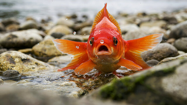 Red goldfish swims amongst pebbles in shallow water