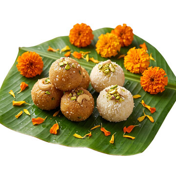 Golden Laddoos and Coconut Laddoos on Banana Leaf with Marigold Flowers on Transparent Background
