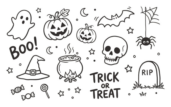 Cute black outline Halloween doodle set featuring spooky elements and hand lettering for creative seasonal greeting card designs and crafts.