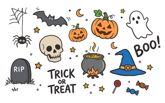 Colored Halloween doodle set with cute cartoon stickers and handwritten festive phrases for creative party invites and kids scrapbooking.