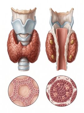 Human thyroid gland anatomy diagram. Shows anterior and posterior views with parathyroid glands, larynx, trachea, and histological microscopic structure of thyroid follicles and cells.