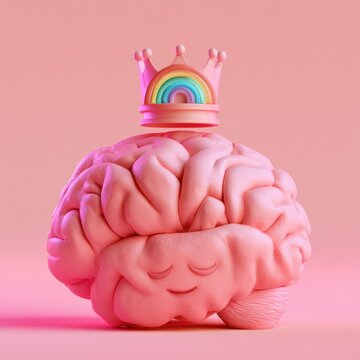 A chunky brain sculpture wears a tiny rainbow crown. This soft clay 3d render stands out against a pink background, celebrating creativity.