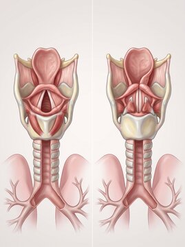 Human larynx and vocal cords anatomy diagram. Medical illustration showing open and closed glottis states, trachea, and bronchial tree. Educational health poster on respiration and speech.