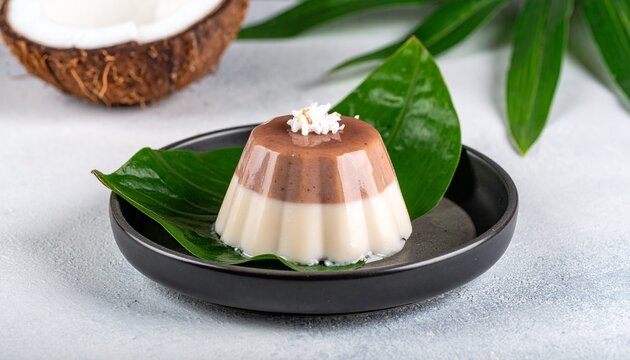 Layered root vegetable pudding. Sweet kiribati babai dessert featuring creamy coconut milk and taro on a dark plate.