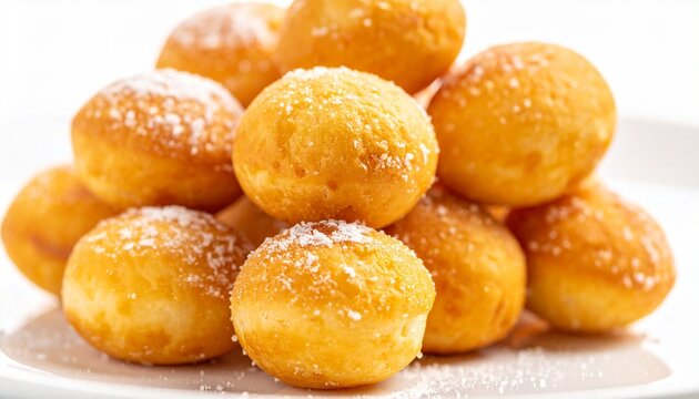 Sweet fried dough balls. Authentic round fijian babakau bites dusted with sugar, offering a crispy outside and fluffy warm center.