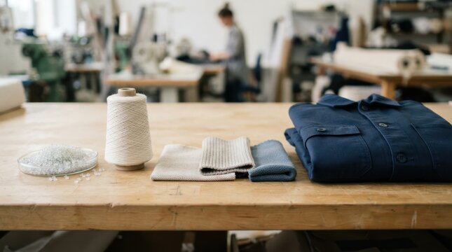 rpet pellets, spun yarn cones, knit swatches, and folded workwear for textile recycling and circular apparel manufacturing