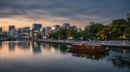 Naklejka premium Traditional wooden tour boat cruising a river at dusk, Japan노을 진 강을 유람하는 일본 전통 목조 관광선