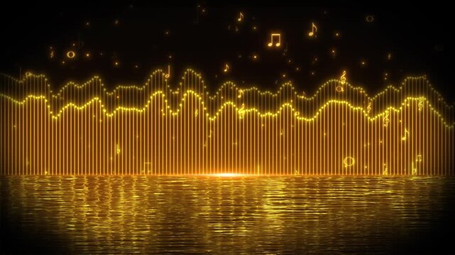 Golden rhythmic lines, musical notes, and melody dancing in the background(After Effects production)
