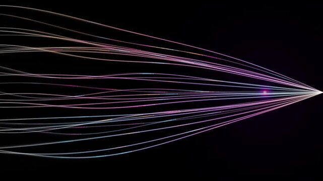 Flowing strands of light converge to bright point motion graphics on black background abstract background with subtle color shifts.