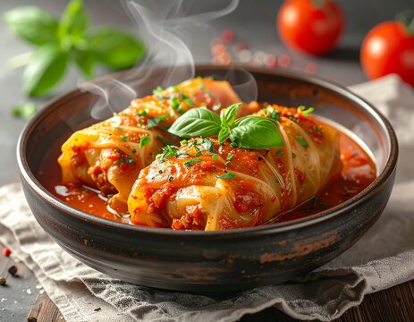 Steaming stuffed cabbage rolls. Hot balandeliai lithuanian dish with ground meat wrapped in cabbage leaves in rich tomato sauce.