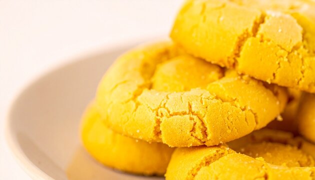 Yellow cornmeal baked cookies. Classic ballokume albanian dessert stacked on a plate showing crumbly texture and sweet crust.