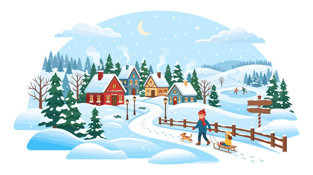 Winter village landscape with snow, houses, and people vector illustration