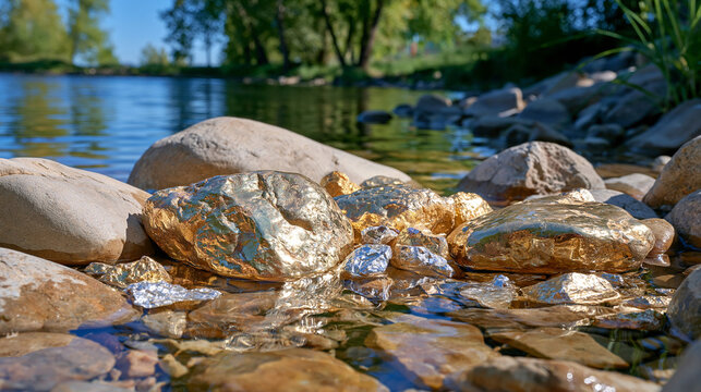 Gold nuggets and silver fragments resting in shallow clear water between smooth stones at a peaceful lake shore, colorful rare earth crystals positioned above the waterline, reflections of trees and