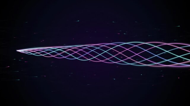 Abstract neon helix loop with glowing pink and cyan waves on dark background representing digital communication stream or retro futuristic tech visual effect.
