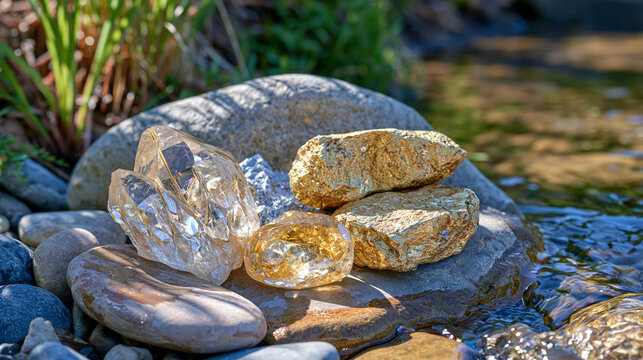 Gold nuggets, silver ore and shimmering rare earth crystals resting on smooth wet stones after rainfall beside a forest stream, water droplets sparkling in soft sunlight, lush vegetation and natural
