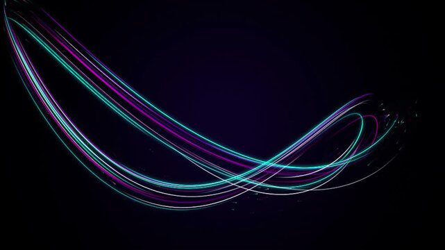Neon light streaks glowing motion effect in dark space abstract background wallpaper design concept digital flow wave animation streaming data fiber optic style.