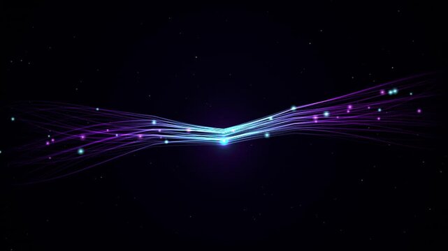 Abstract flowing lines light trails background animation with glowing particles moving through dark space cinematic digital network connection motion graphic loop.