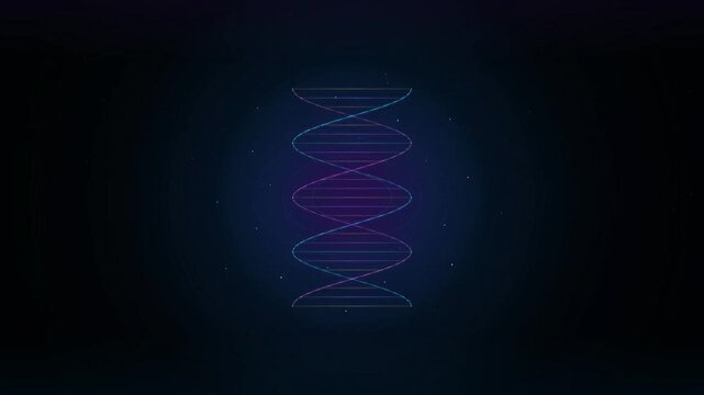 Abstract glowing DNA strand wireframe on dark blue digital background for science and biology concept