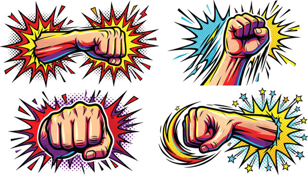Comic style clenched fists and powerful punches with colorful explosive bursts representing strength, action, protest and determination