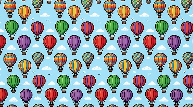 Repeating backdrop featuring pixel art design of a hot air balloon  Seamless Pattern Hot Air Balloon Pixel Art Repeating Background Retro Design Digital Art Balloon Motif Pixel Pattern