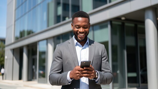 smiling african american businessman using smartphone outdoors near modern office building suggesting startup success and professional opportunity