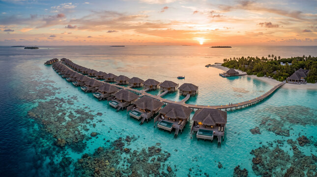 Drone panoramic view of a tropical resort island in the Maldives featuring overwater bungalows over clear turquoise water and white sandy beach.