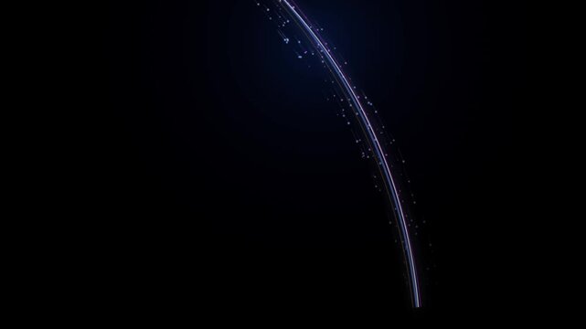 Abstract purple energy light trail with glowing particles flowing in curved motion across black background creates dynamic cinematic visual for digital projects.