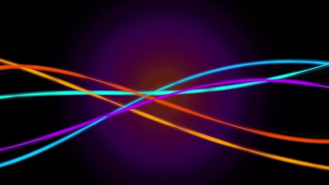 Abstract neon glowing lines moving in wave patterns against dark background creating modern digital art concept for screensaver background template design elements.
