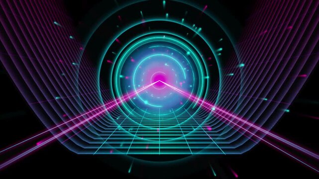 Retro synthwave tunnel featuring neon grid floor with glowing pink laser beams and circular rings floating through cyberspace in 80s aesthetic motion graphics.
